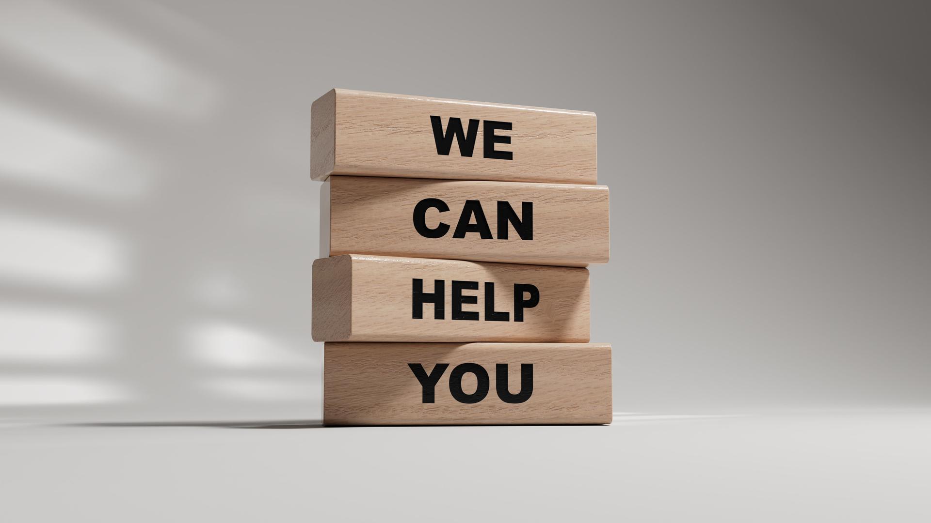 We can help you symbol. Concept words We can help you on wooden blocks. Business and We can help you concept. Copy space.3D rendering on white background.
