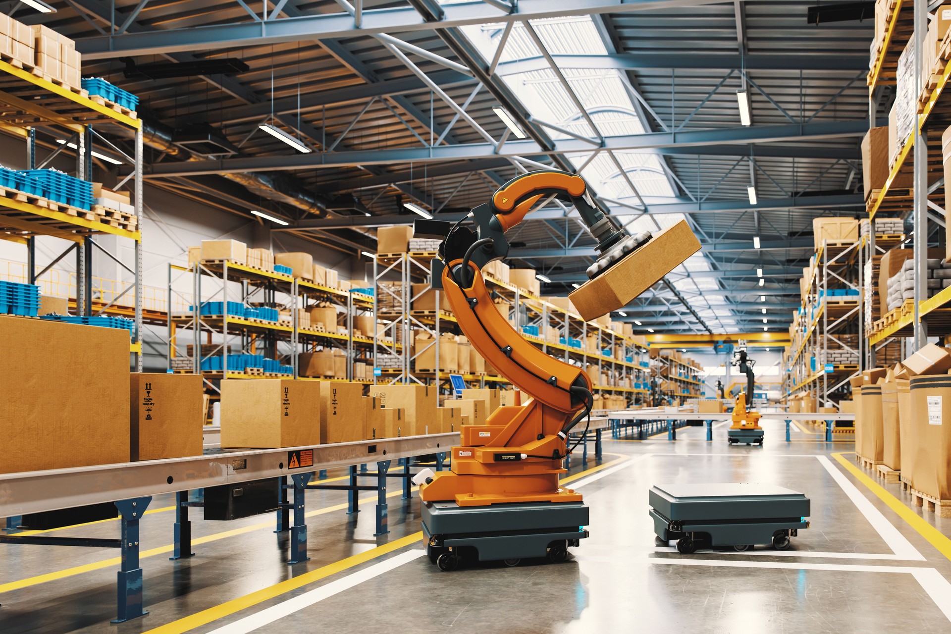 Automated Robot Carriers And Robotic Arm In Smart Distribution Warehouse