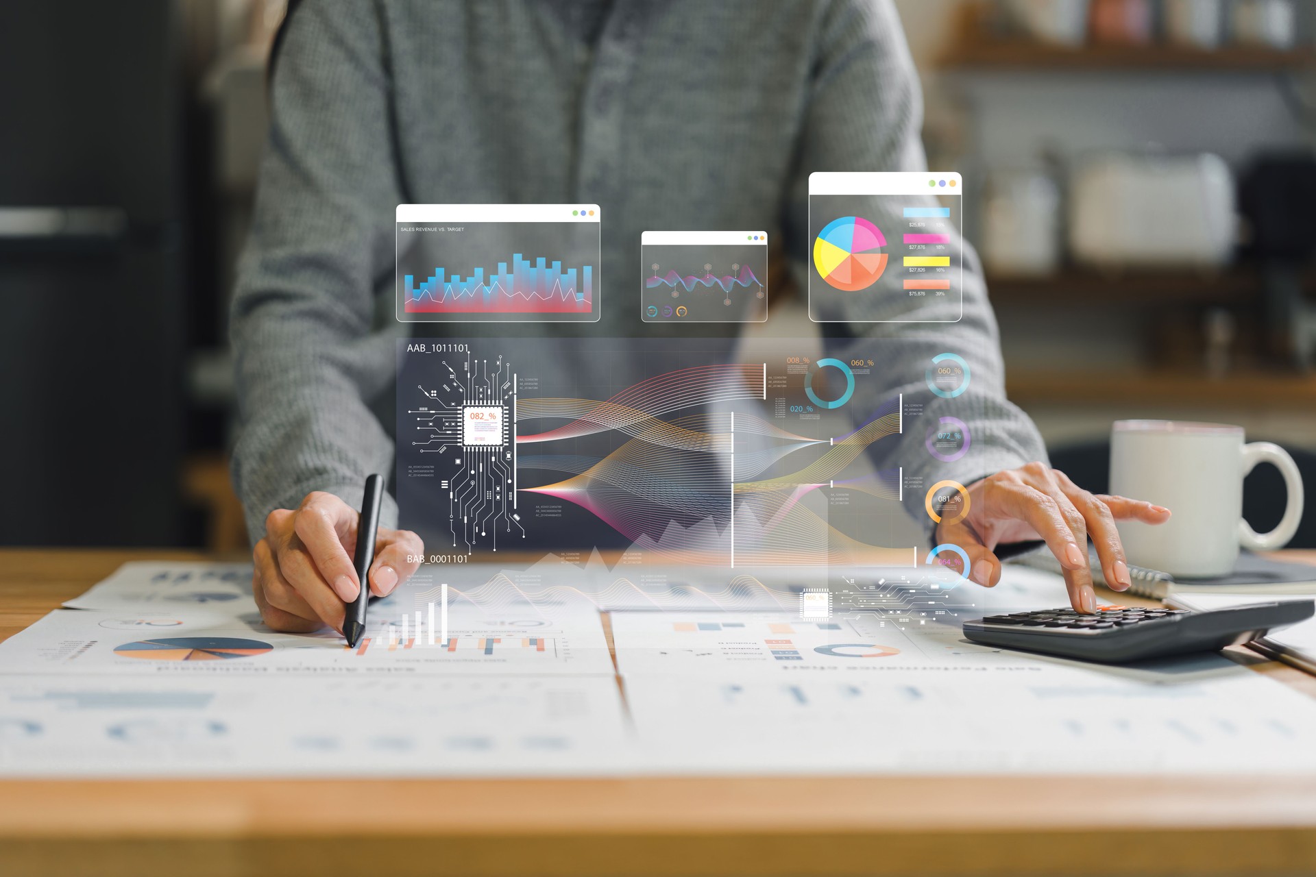 Analyzing data and creating visual reports with graphs and charts, person engages in strategic planning and decision making in modern workspace