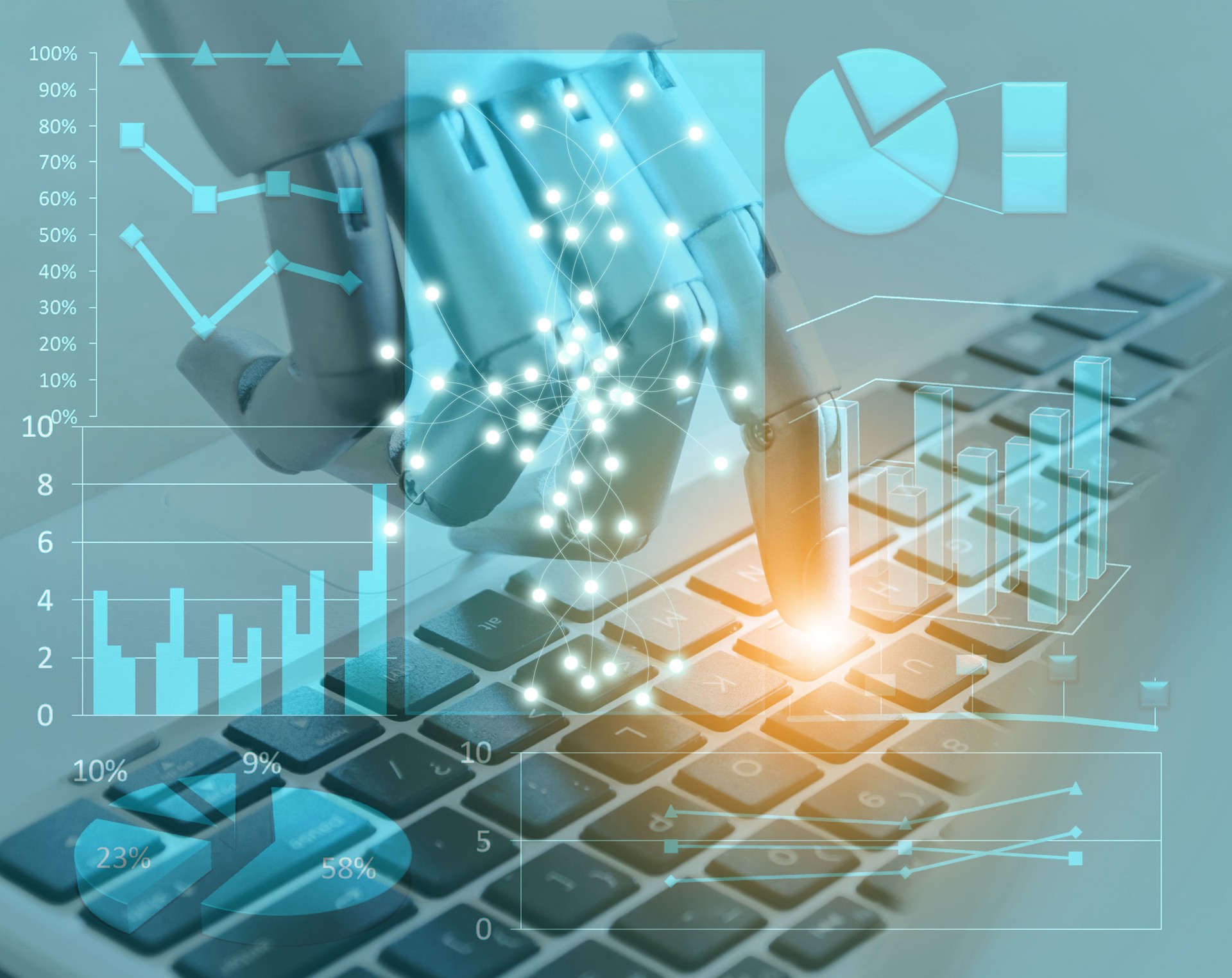 Robot hands and fingers point to laptop digital button advisor chatbot robotic artificial intelligence concept